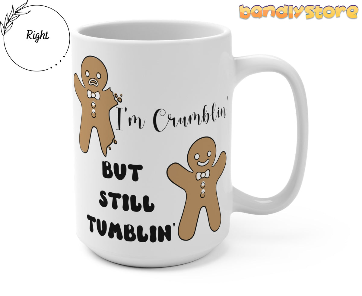 Funny Gingerbread Man Mug on plain white background, angled view with handle on the right.