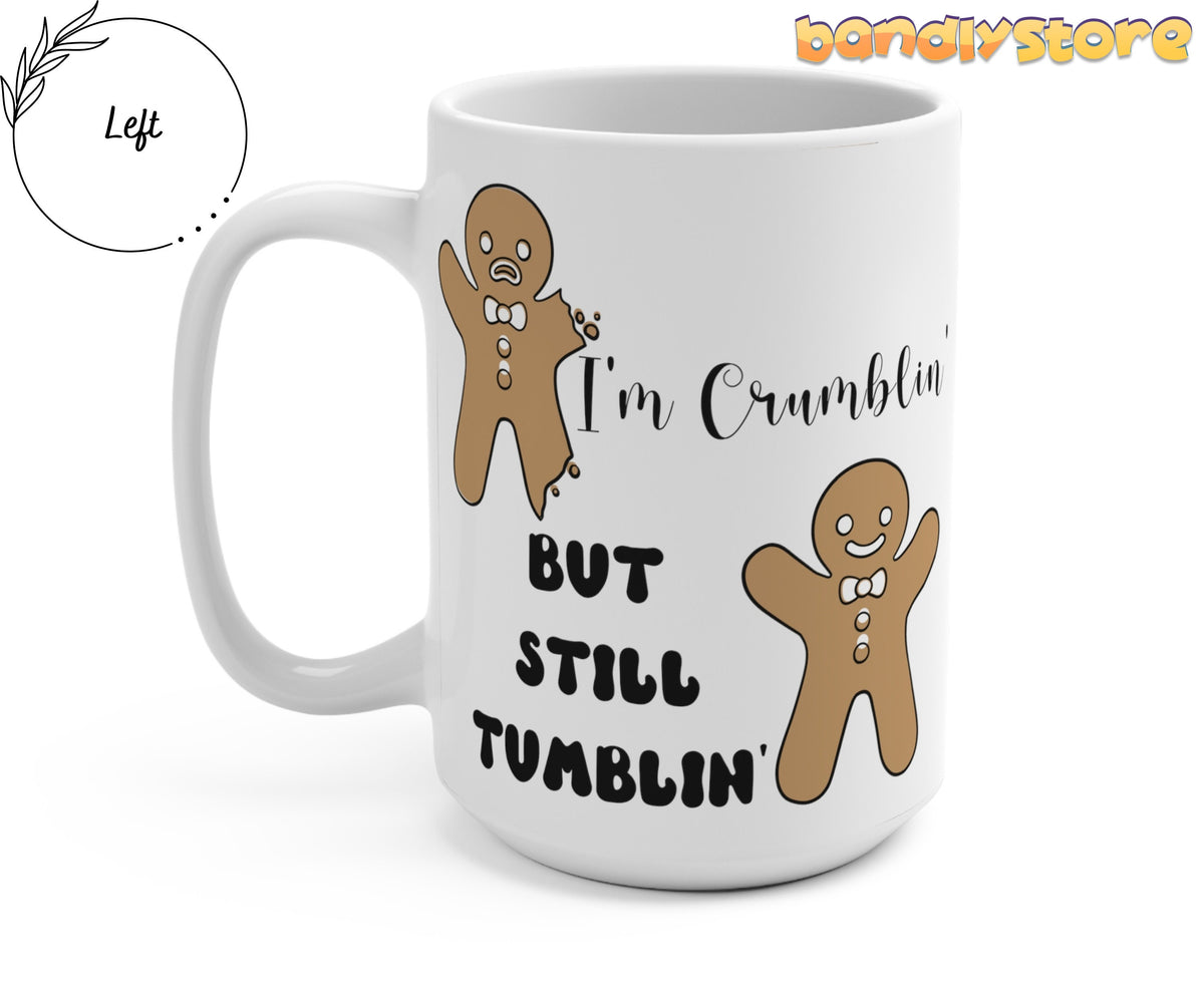 Funny Gingerbread Man Mug white angled with left handle on plain background beside Left label