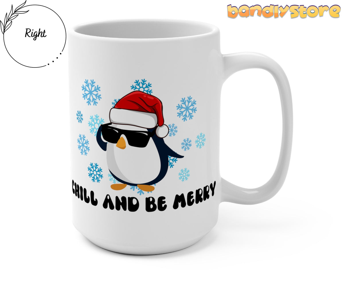 Funny Penguin Mug shown on a plain white surface from a slight right angle with handle visible and a Right label.
