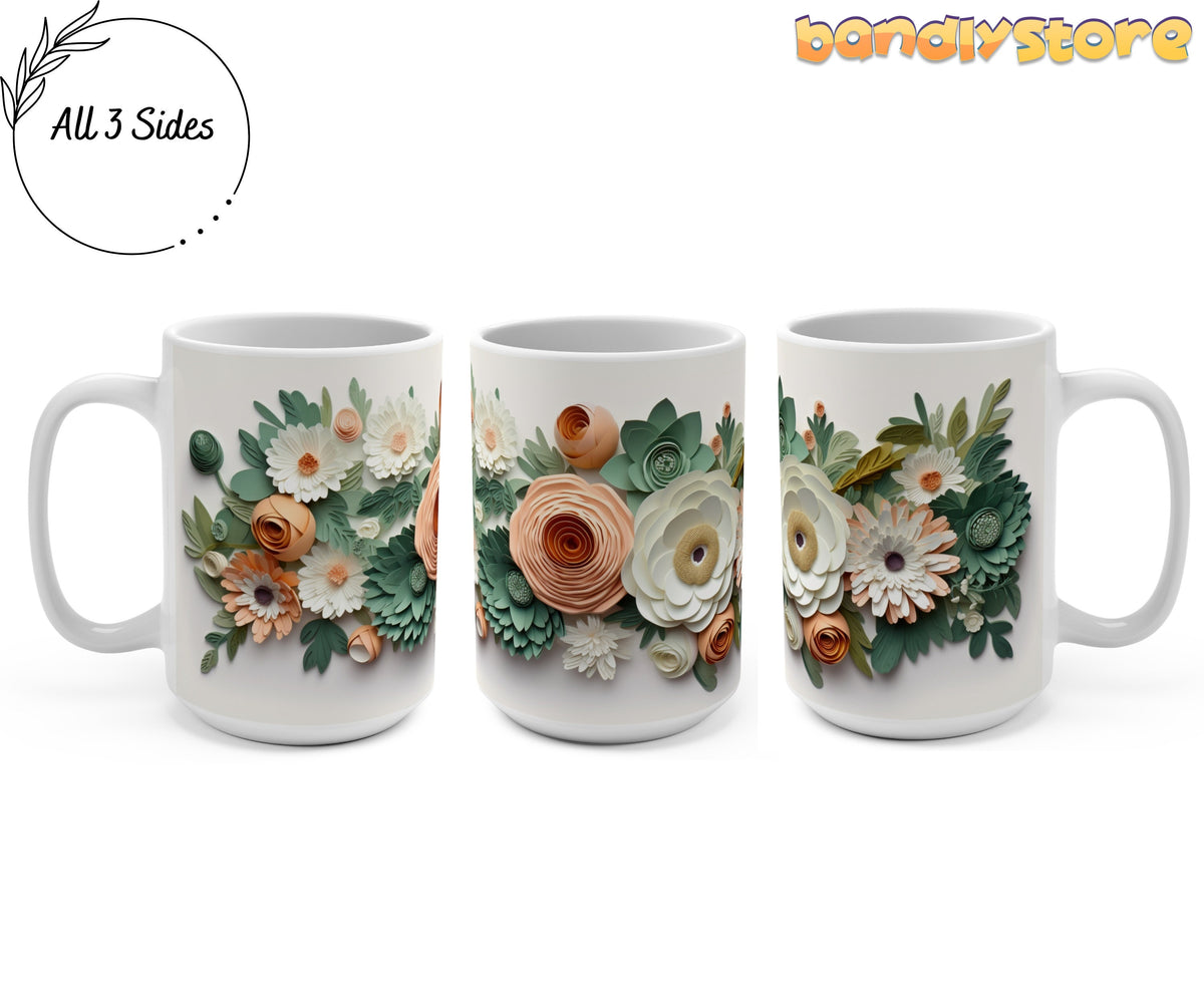 Green Floral 3D Paper Art Mug in three angled views on a white background showing all sides of the 15oz design.