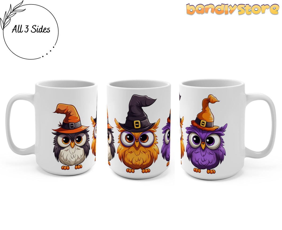 Cute Halloween Owls Mug three white mugs side by side showing owl designs on a plain background.