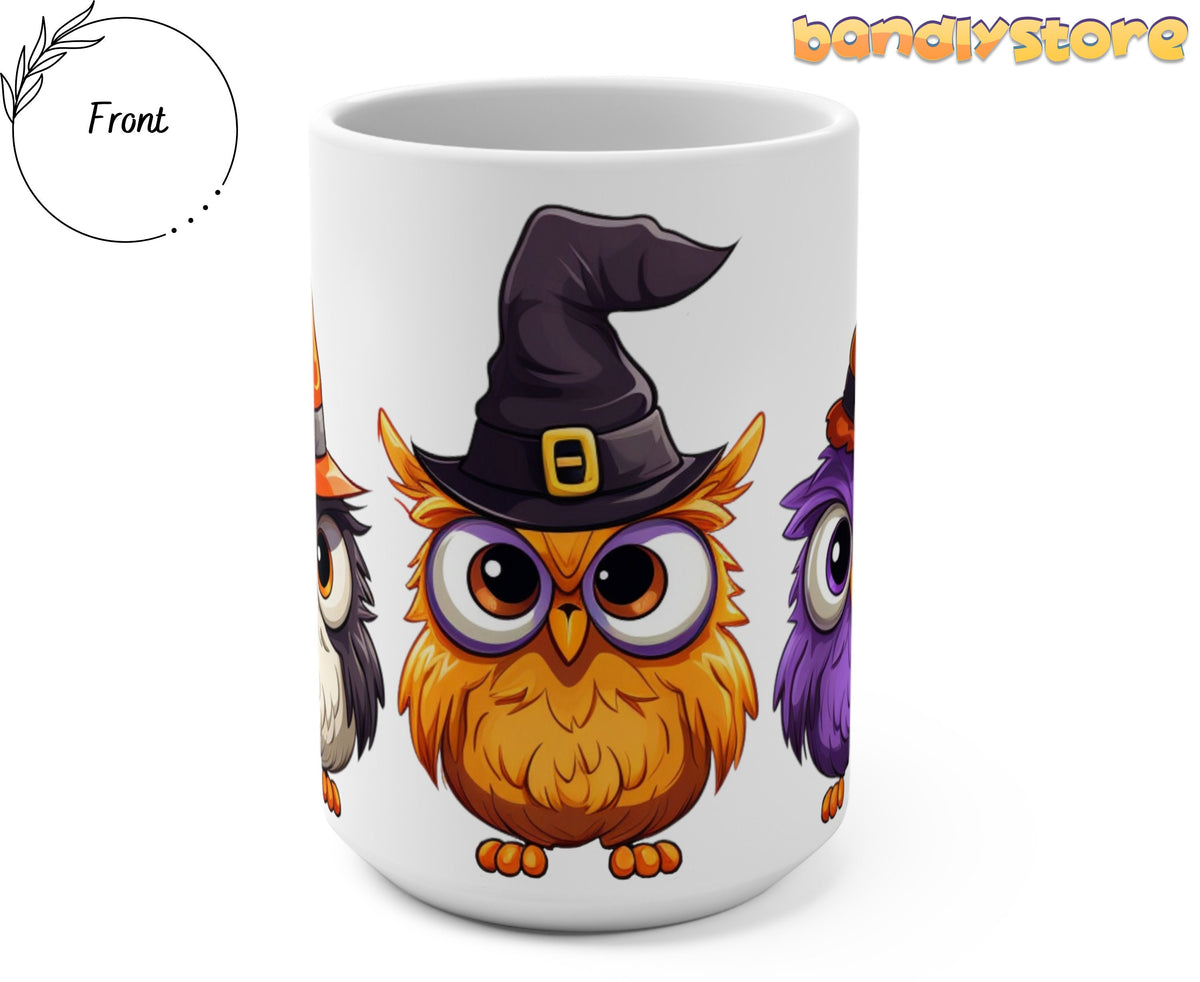Cute Halloween Owls Mug viewed from the front on a plain background with a Front label at left.