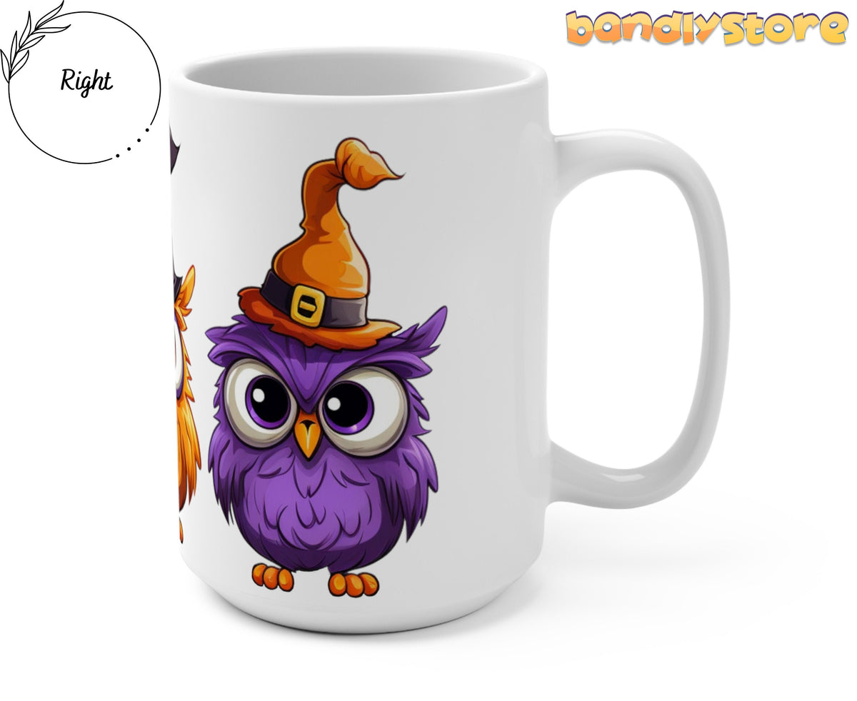 Cute Halloween Owls Mug shown from the right side with a purple owl in an orange witch hat on a white mug.