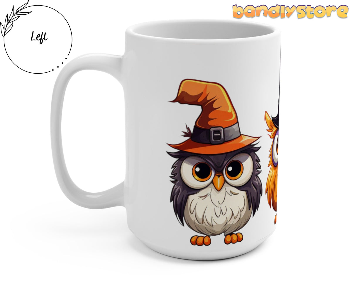 Cute Halloween Owls Mug angled with left handle visible, owl in orange hat on plain white background.