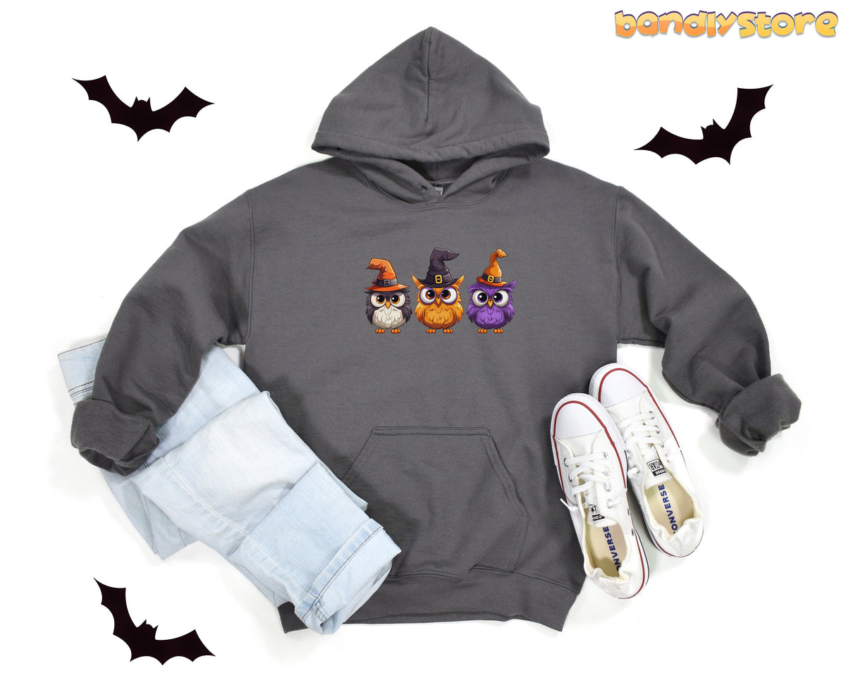 Halloween Owl Hoodie in charcoal flat-laid with folded jeans, white sneakers and bat silhouettes.