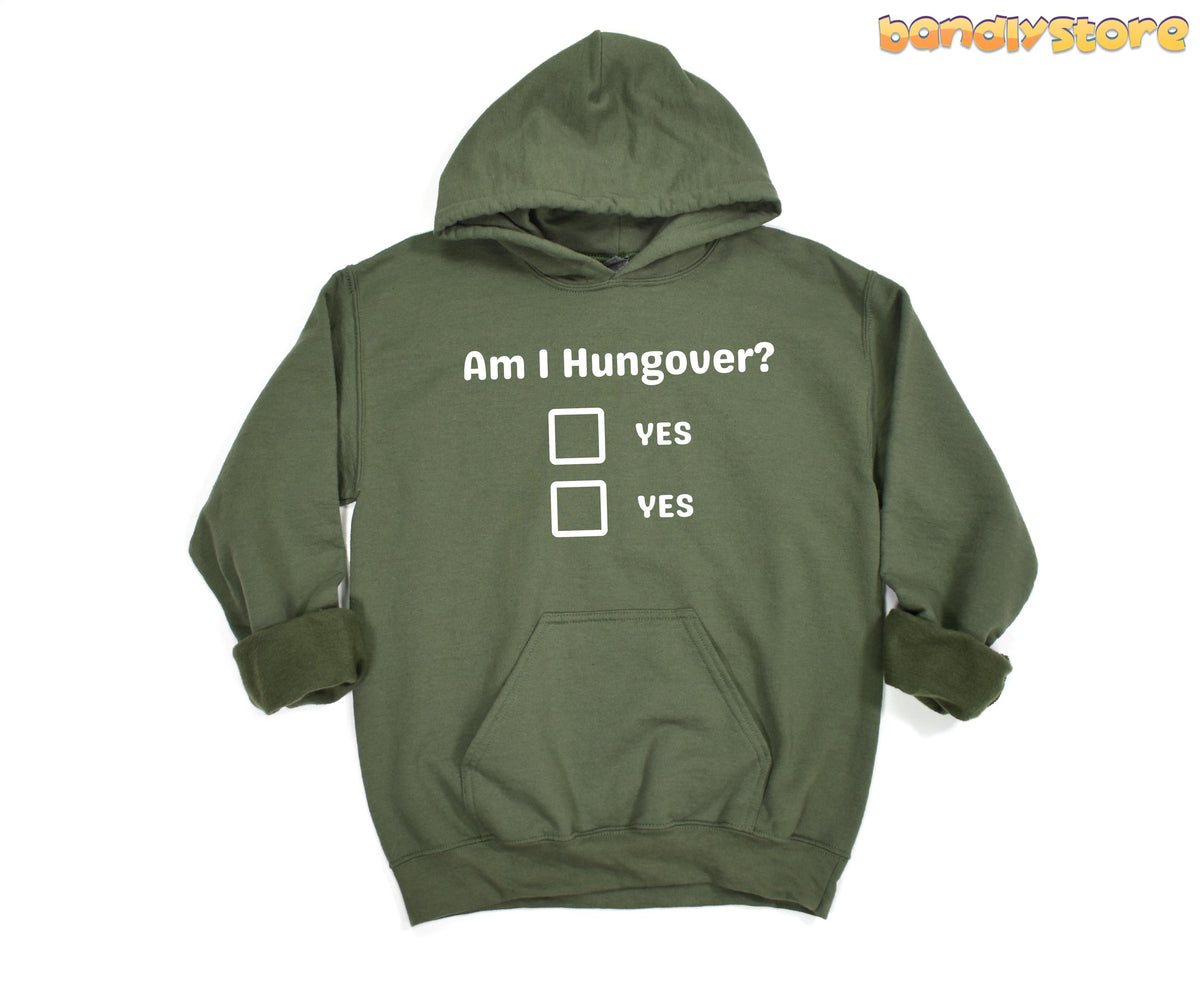 Hangover Hoodie in Military Green, front view on white background with hungover checklist graphic.