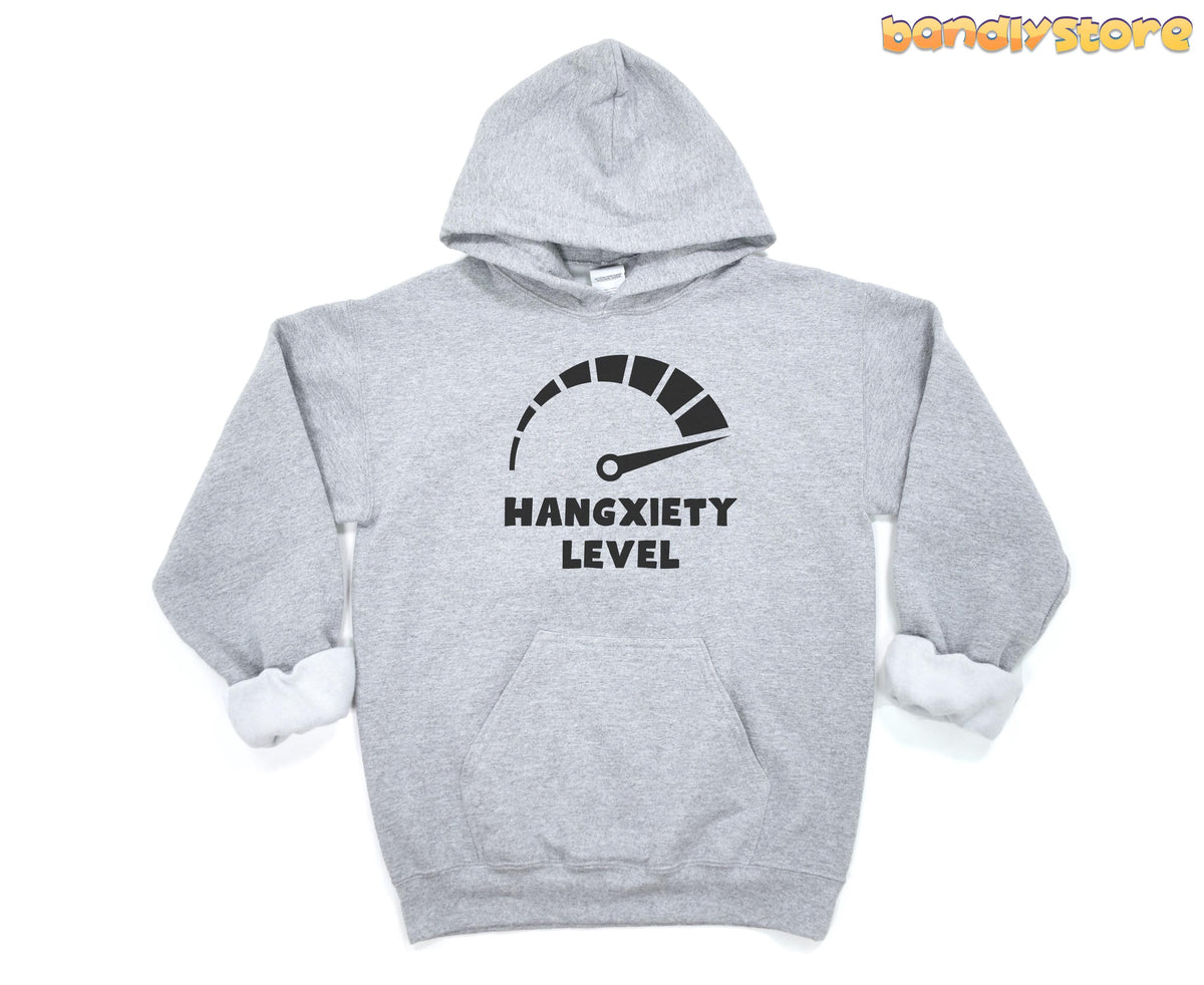 Hangxiety Hangover Hoodie in Sport Grey, laid flat front-facing on white, gauge graphic maxed at hangxiety level.