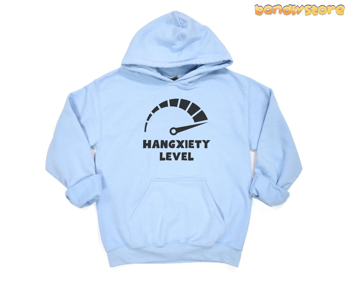 Hangxiety Hangover Hoodie light blue flat lay, gauge graphic reading high hangxiety level, plain white background.
