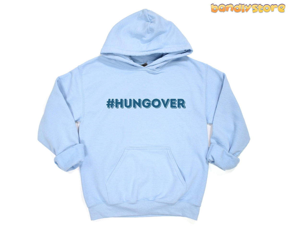 Hashtag Hangover Hoodie in light blue laid flat on a plain white background.
