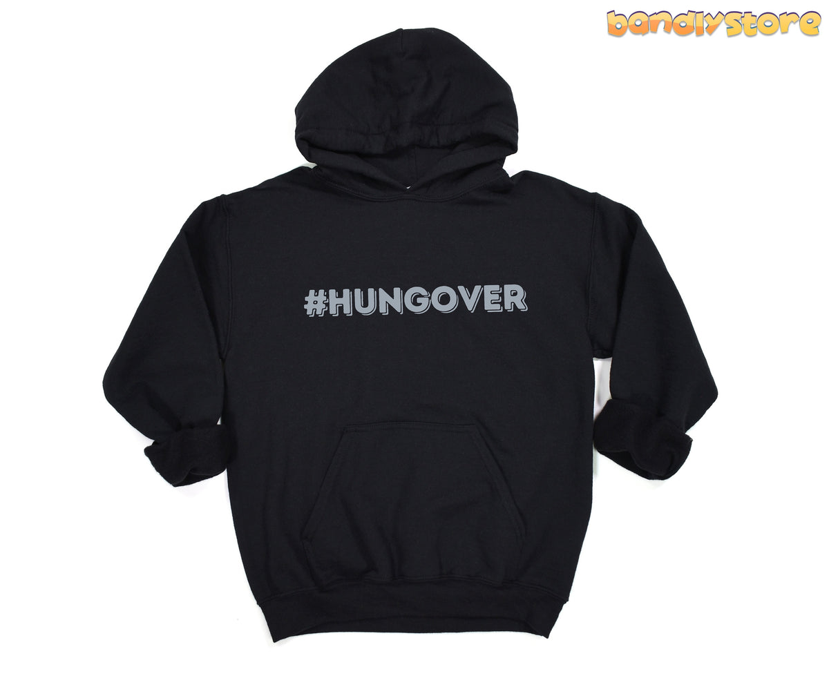 Hashtag Hangover Hoodie in black laid flat from the front on a plain white background.