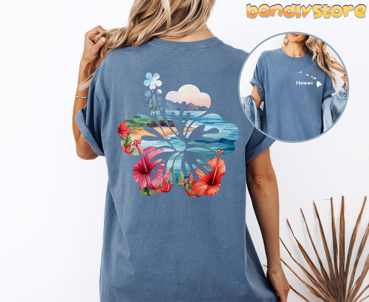 Hawaii Hibiscus T-Shirt with Back Print worn from behind in Blue Jean on white with a palm frond.