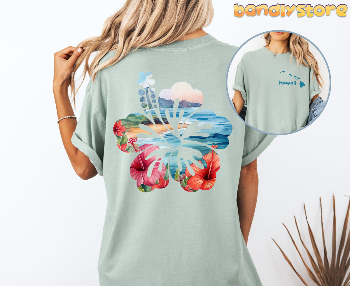 Hawaii Hibiscus T-Shirt with Back Print in light green, back view on model with hibiscus beach design beside front inset.