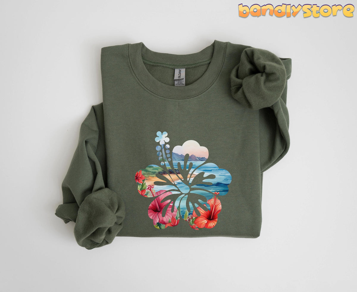 Hawaii Hibiscus Sweatshirt in military green folded flat on a white surface from above.