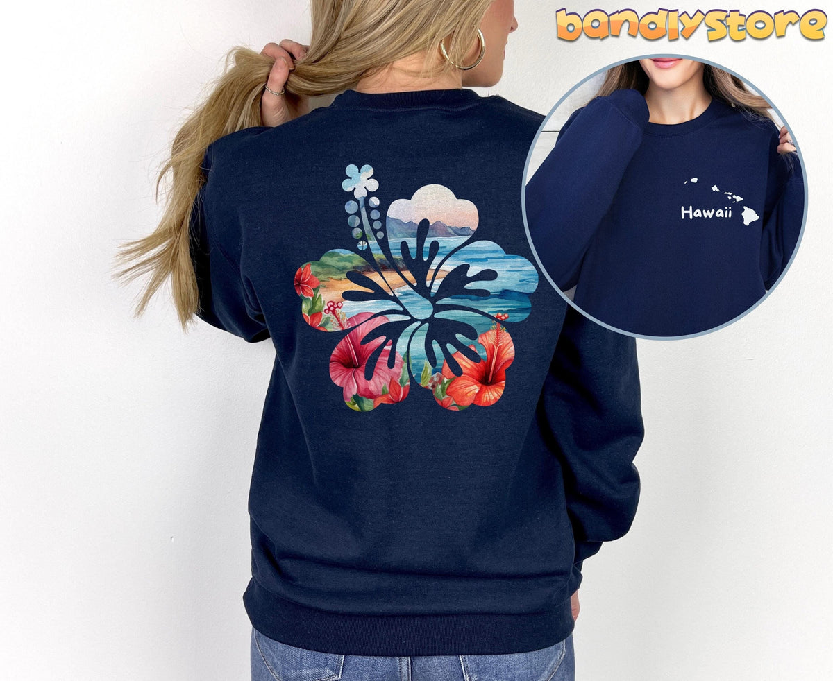 Hawaii Hibiscus Sweatshirt with Back Print in navy from behind on a woman against white wall with circular front inset.
