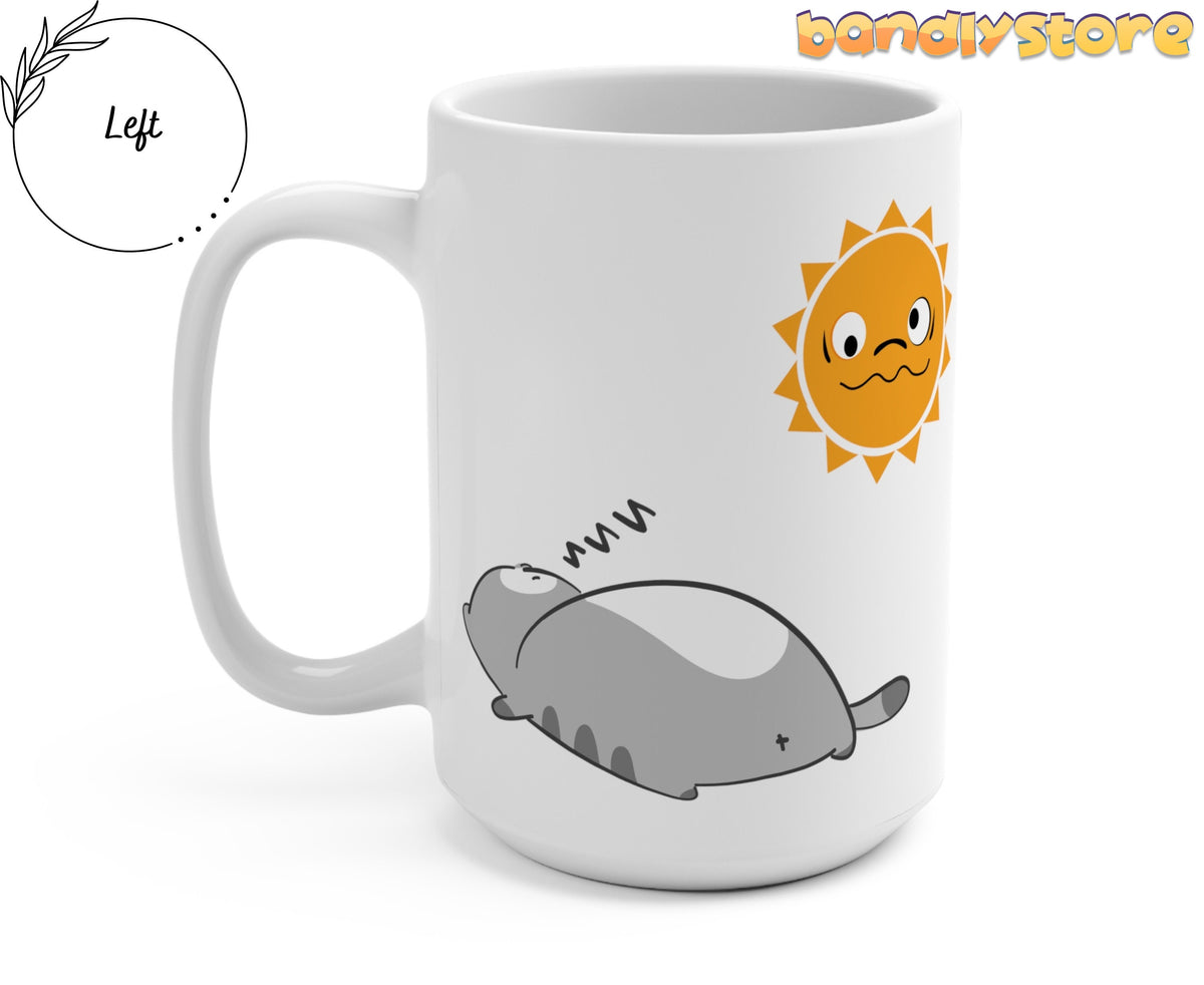 I Don't Do Mornings Mug white ceramic mug, handle left, melting sun and sprawled grey cat printed on front.