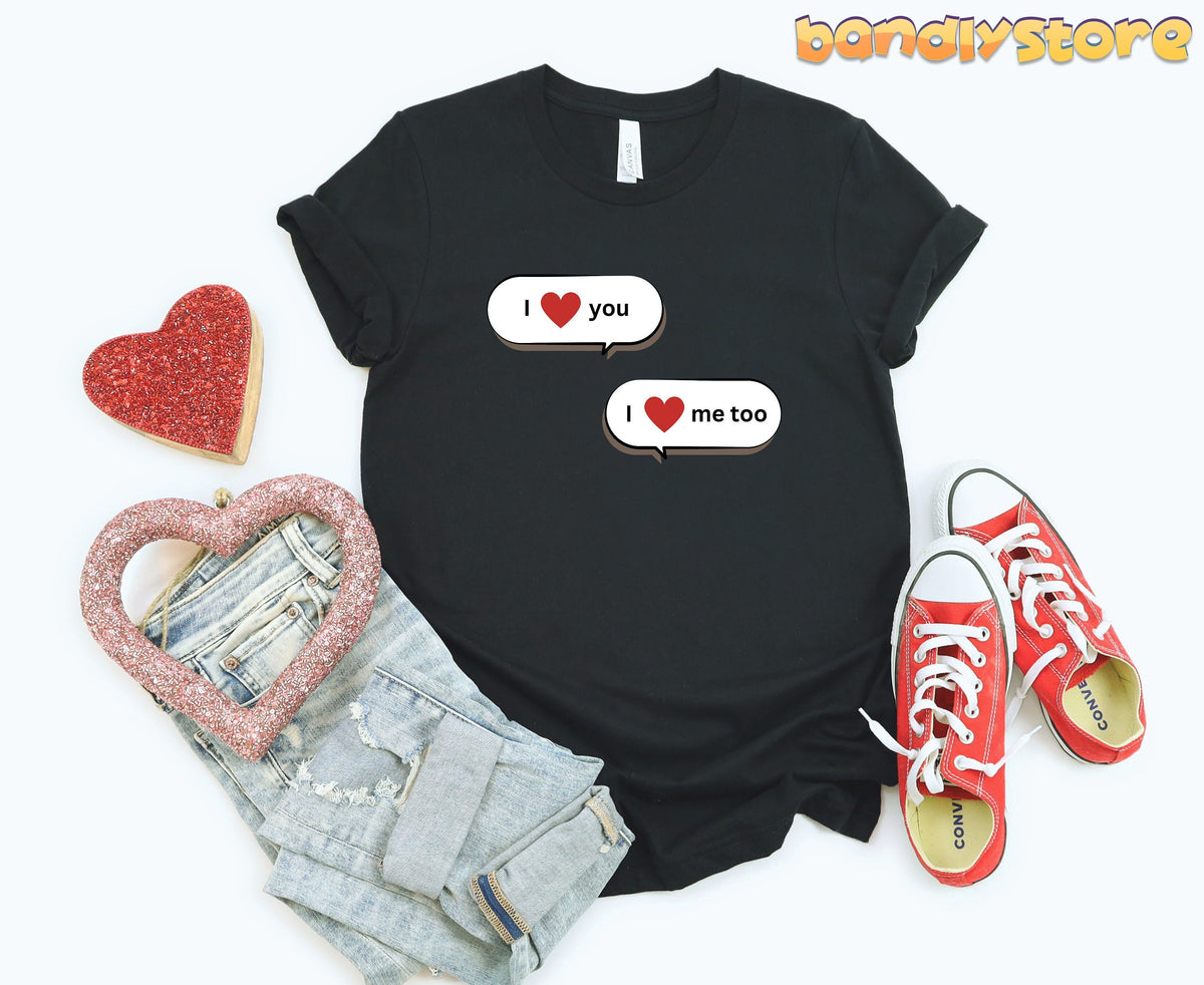 I Heart Myself T-Shirt in black flat-laid overhead next to glitter hearts, jeans and red sneakers.