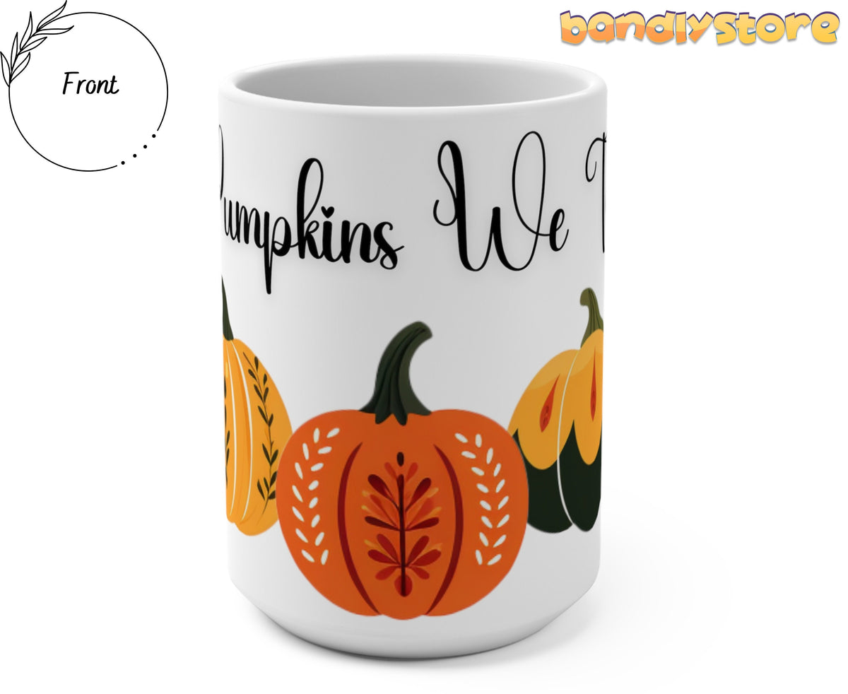 In Pumpkins We Trust Mug front view on plain white background with illustrated pumpkins.