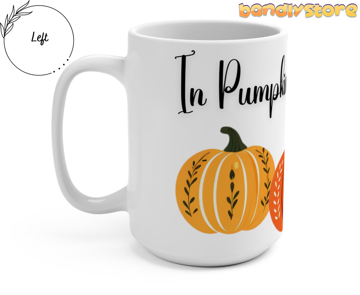 In Pumpkins We Trust Mug angled with left-side handle on plain white background beside a Left marker.