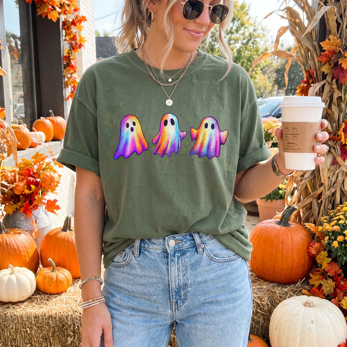 Iridescent Ghosts T-Shirt in moss worn by a woman among pumpkins hay and autumn leaves holding a cup.