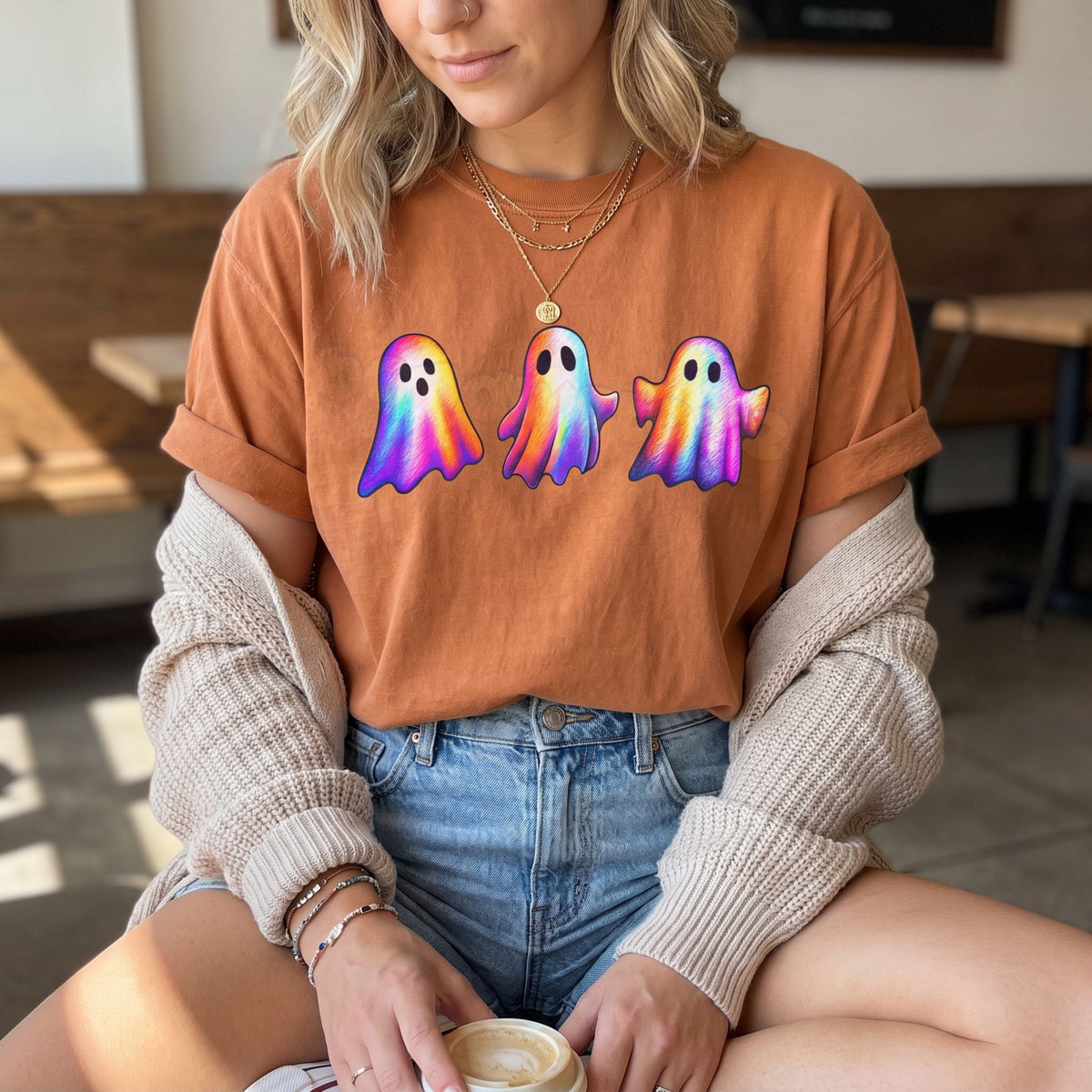 Iridescent Ghosts T-Shirt in Yam, worn front-facing indoors with coffee cup, jeans, and sweater.