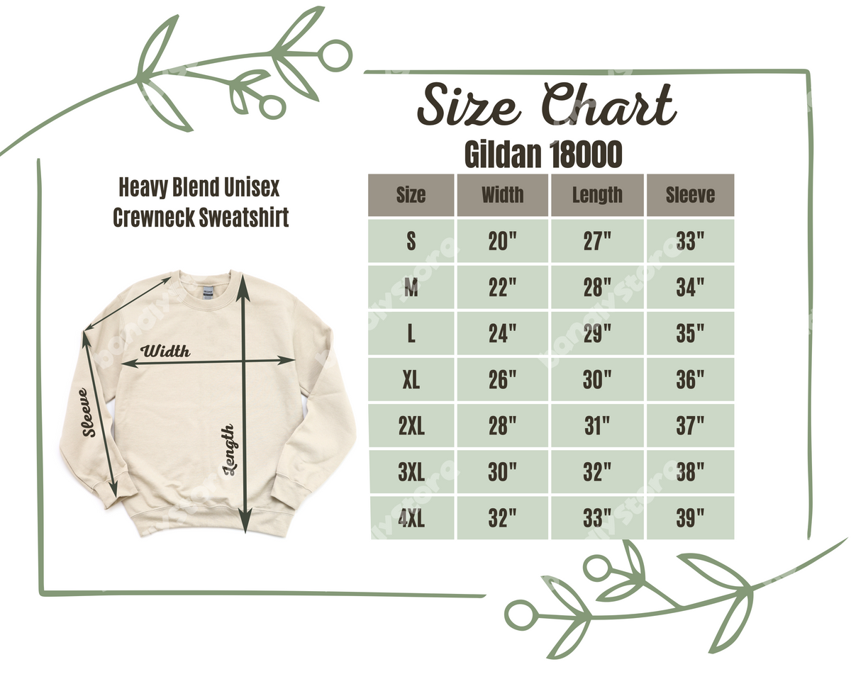 Gildan 18000 Heavy Blend unisex crewneck sweatshirt size chart, S to 4XL: width 20 to 32 inches, length 27 to 33 inches, sleeve 33 to 39 inches