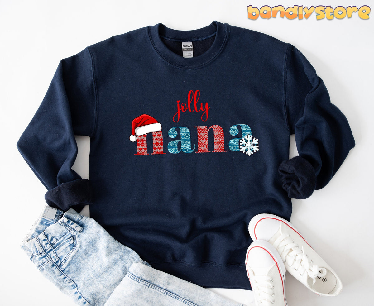 Jolly Nana Sweatshirt in navy, flat-laid with light jeans and white sneakers on a plain white background.