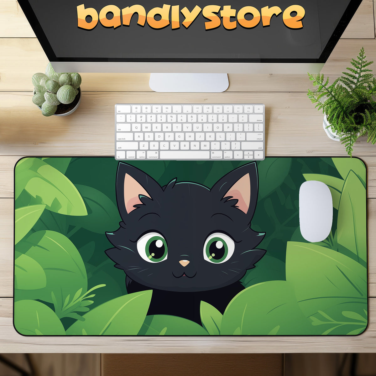 Cute Kawaii Black Cat Desk Mat on wooden desk in overhead view with keyboard, mouse, monitor and plants.