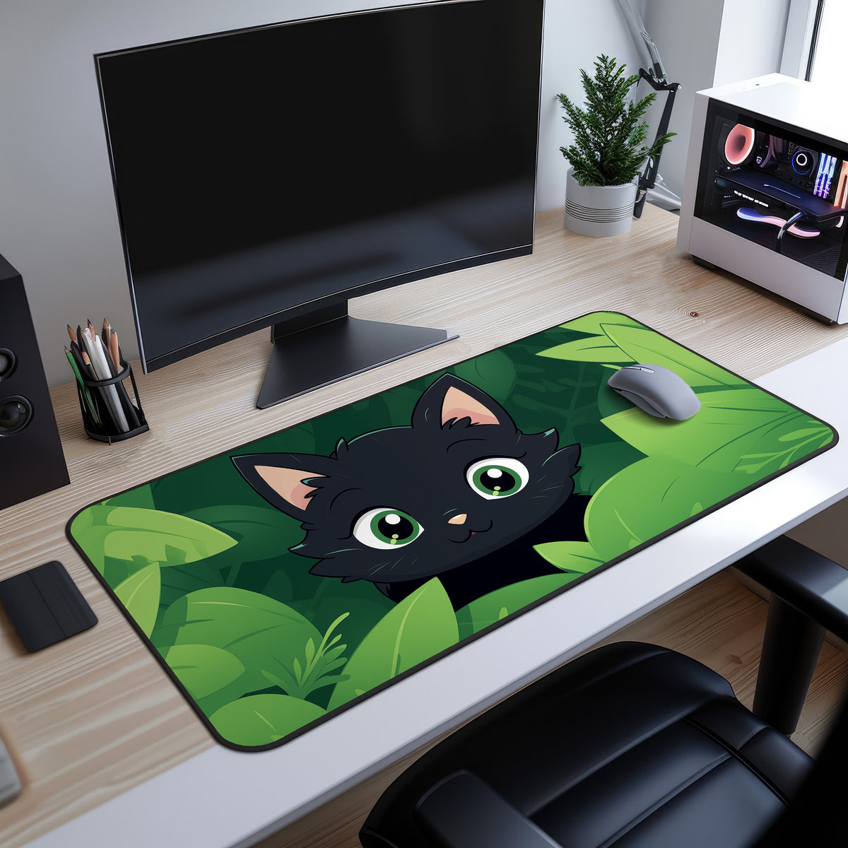 Cute Kawaii Black Cat Desk Mat resting on a desk in front of a computer monitor with a mouse on top and a plant to the side.