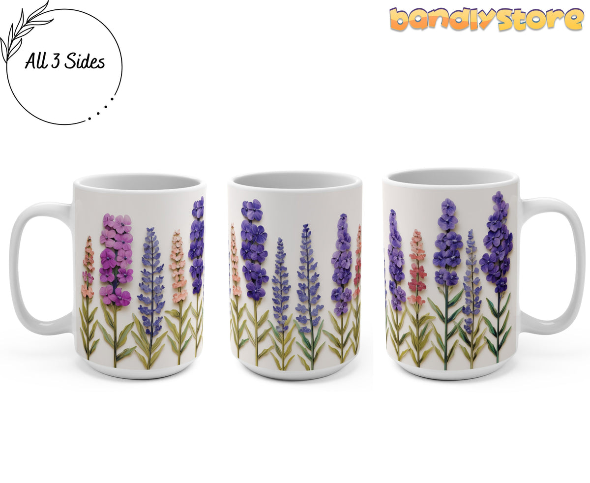 Pressed Lavender Mug shown from three angles on a plain background displaying all sides, 15oz.