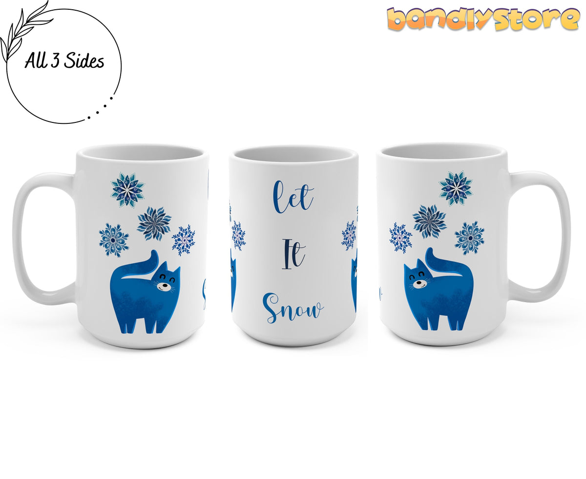 Let It Snow Christmas Cat Mug in three side views on a plain white background, 15oz.