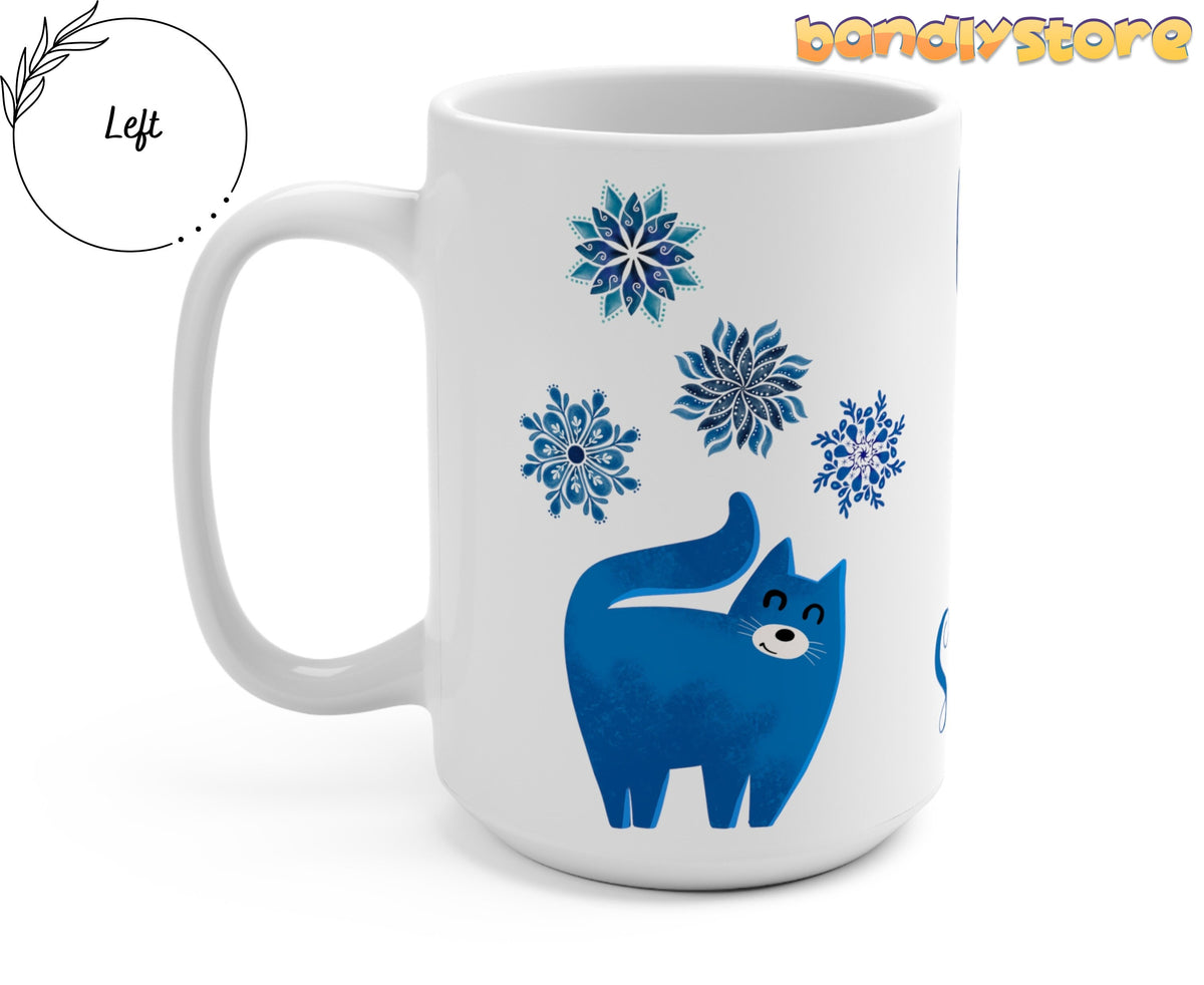 Let It Snow Christmas Cat Mug angled on white background showing left side with blue cat, snowflakes and Left marker.