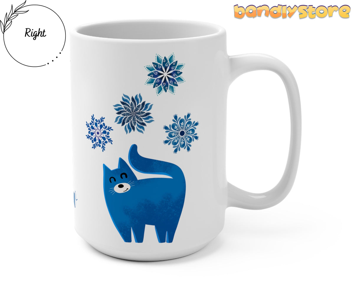Let It Snow Christmas Cat Mug shown from the right, white ceramic with blue cat and snowflakes.