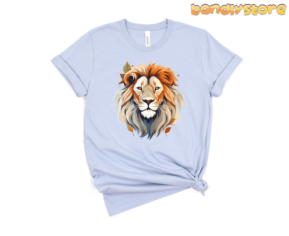Majestic Lion T-Shirt in light blue, front view on white background with knotted hem.
