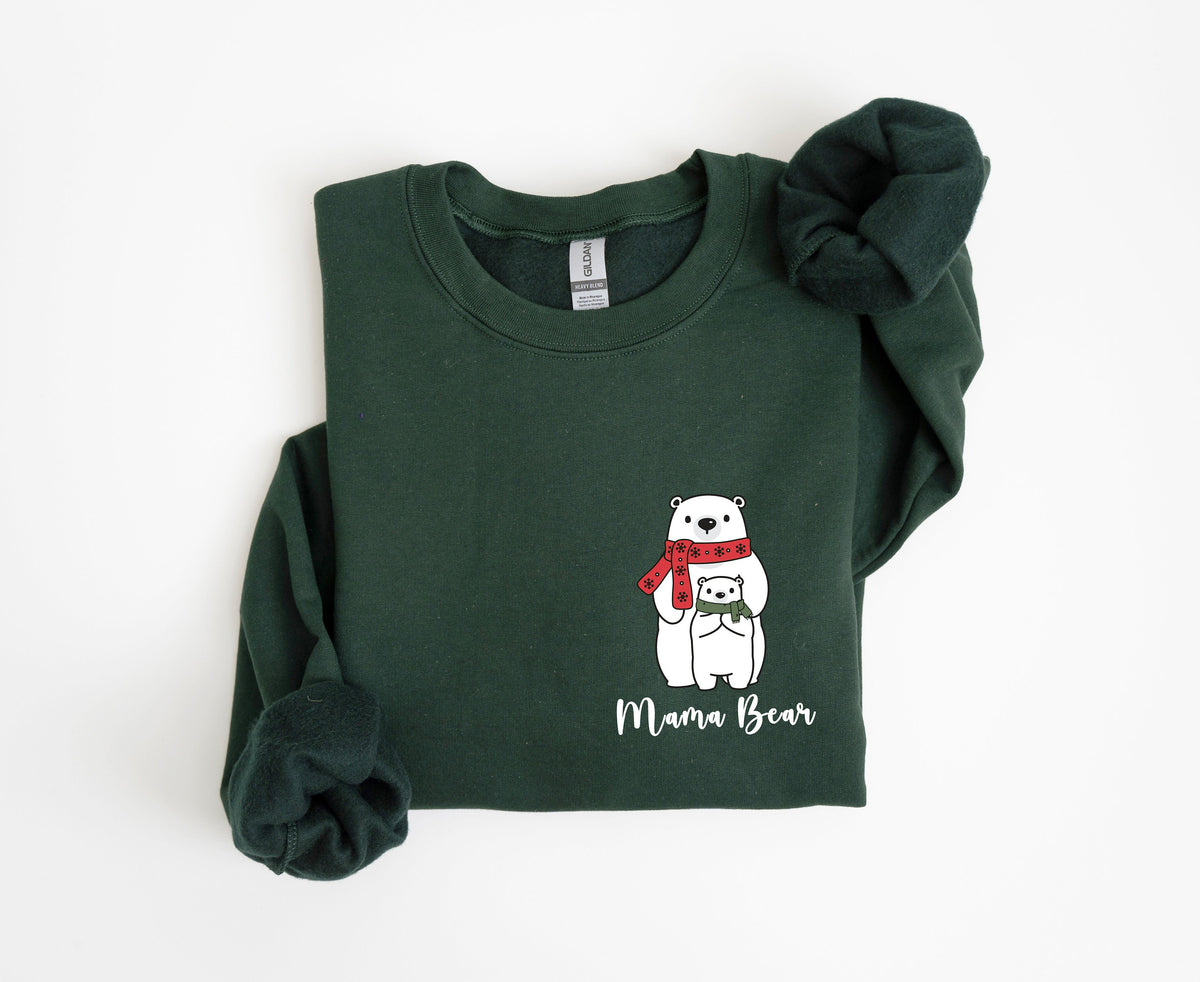 Pocket Mama Bear Sweatshirt in forest green folded flat on a plain white background.