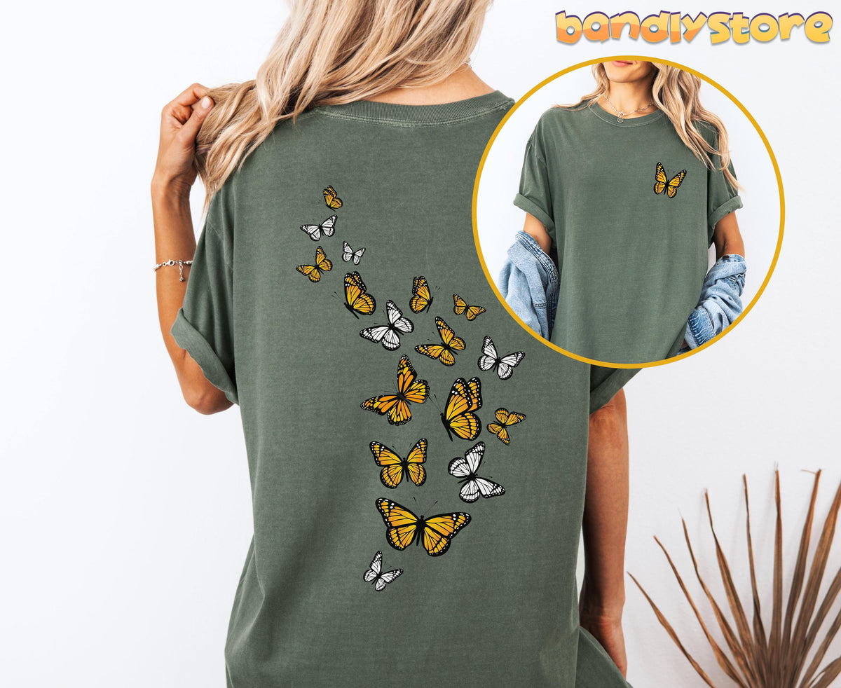 Monarch Butterfly T-Shirt with Back Print on a moss tee, back view of yellow and white butterflies with a front inset.