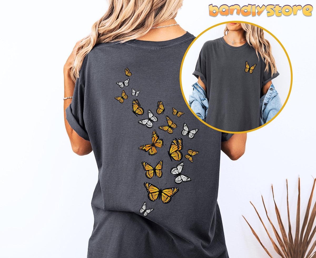 Monarch Butterfly T-Shirt with Back Print in Pepper, rear view with monarch trail and front inset.