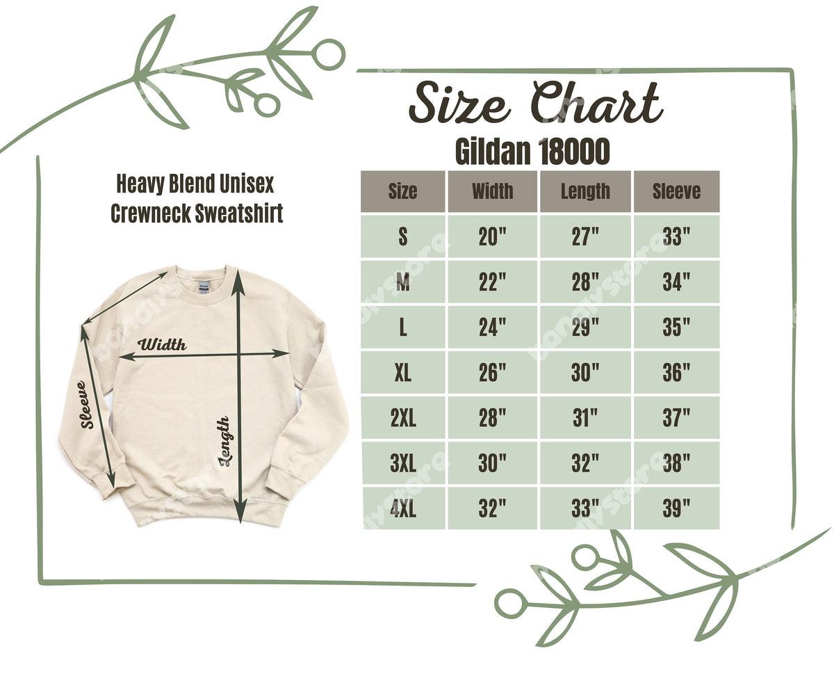 Monochrome Floral Sweatshirt flat-laid cream garment with sleeve width length arrows next to green-leaf size chart.