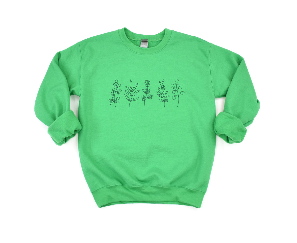 Monochrome Floral Sweatshirt in Irish Green laid flat front-facing on a plain white background.