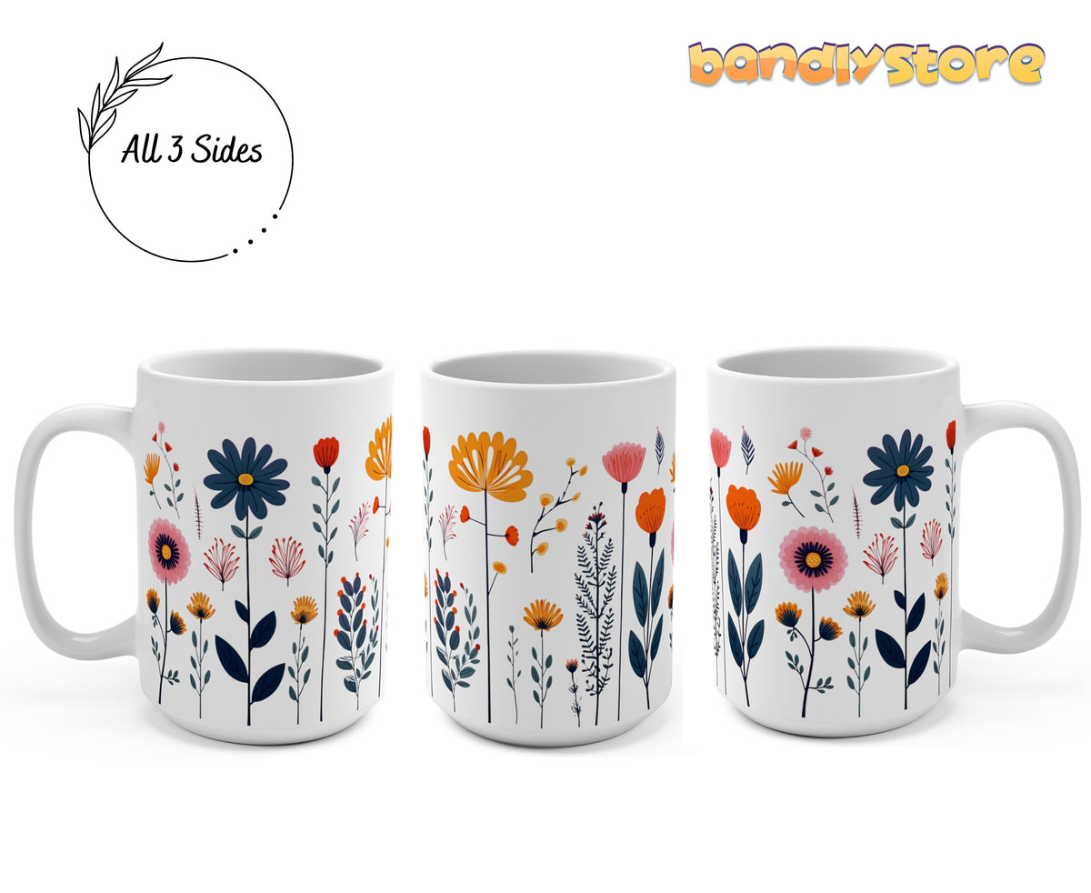 Navy Daisy Doodle Wildflowers Mug three side-by-side views on white background showing all sides, 15oz.