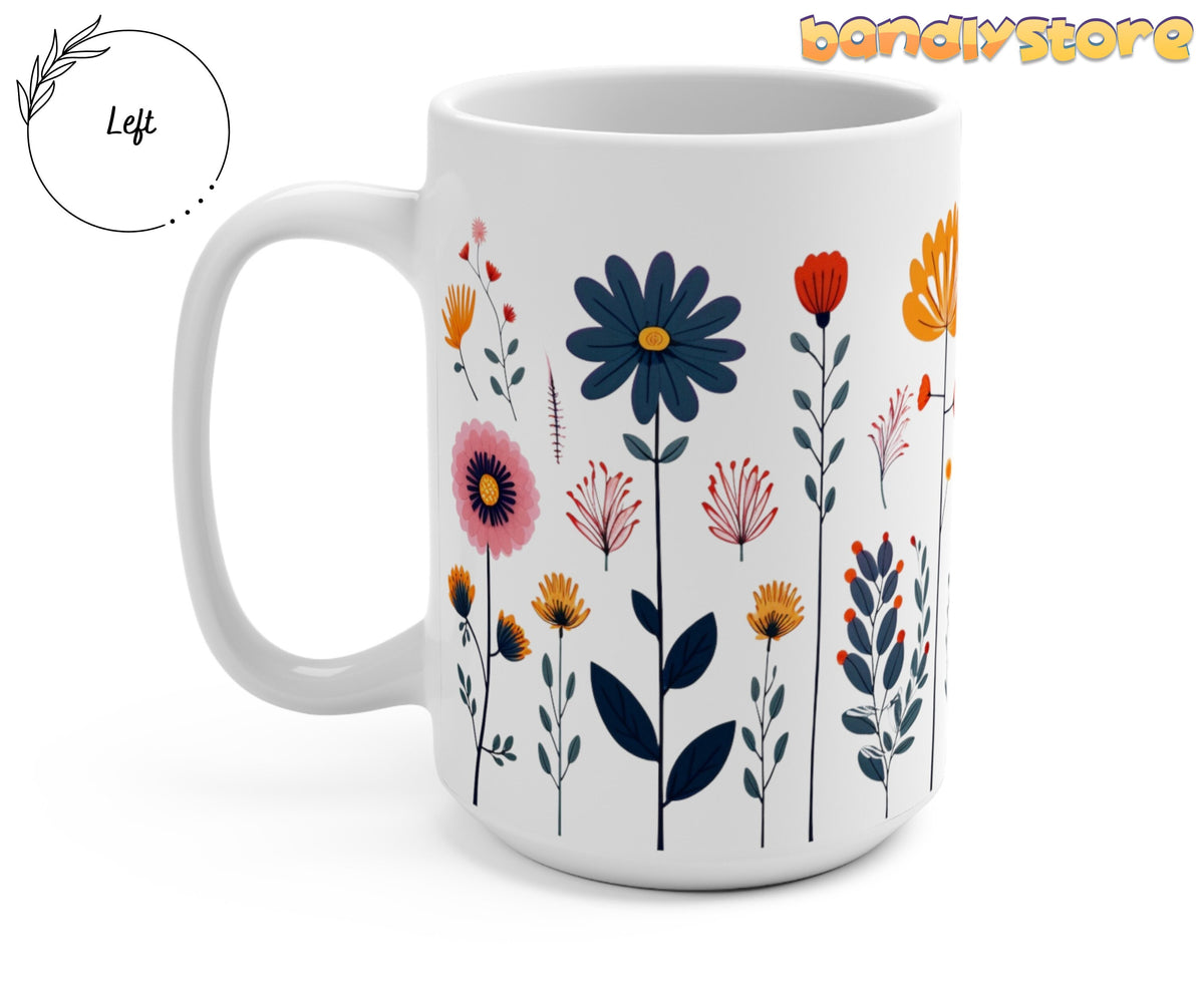 Navy Daisy Doodle Wildflowers Mug angled right on white, handle left, navy daisy and wildflower print on white ceramic.