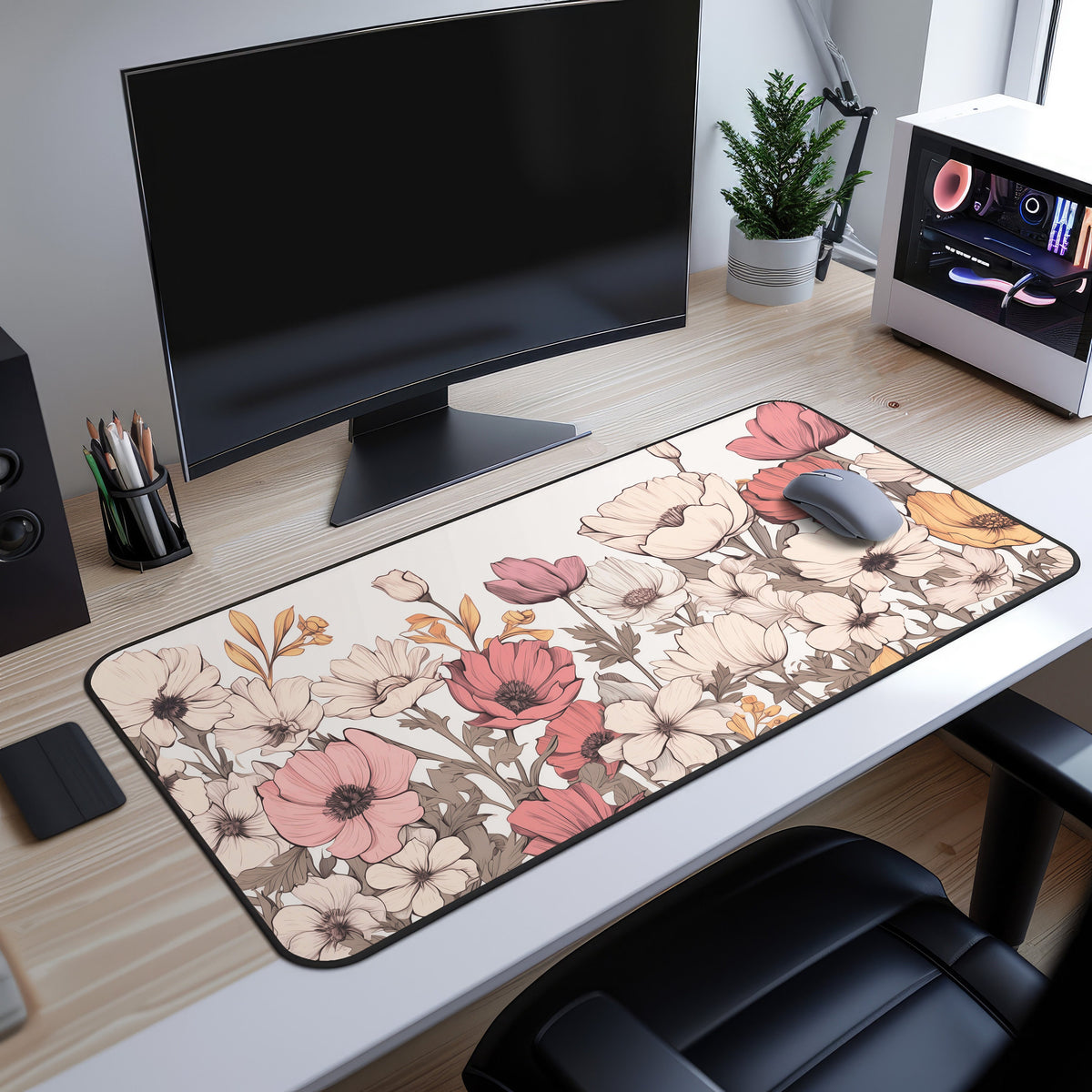Pastel Floral Desk Mat on a wooden desk beneath a monitor, with mouse, plant and PC case.
