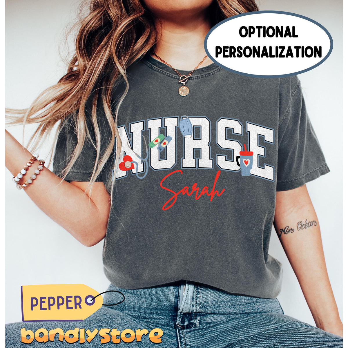 Personalized Nurse T-Shirt in Pepper on a front-facing model against plain backdrop with nurse icons and name.