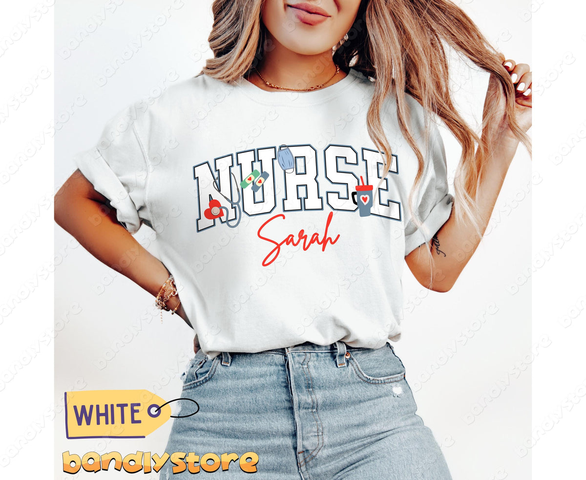 Personalized Nurse T-Shirt in white on a model in jeans against a plain background, front view.