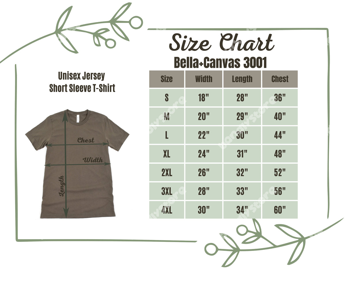 Pho Sho T-Shirt brown front view with chest width length arrows beside size chart and green leaf border