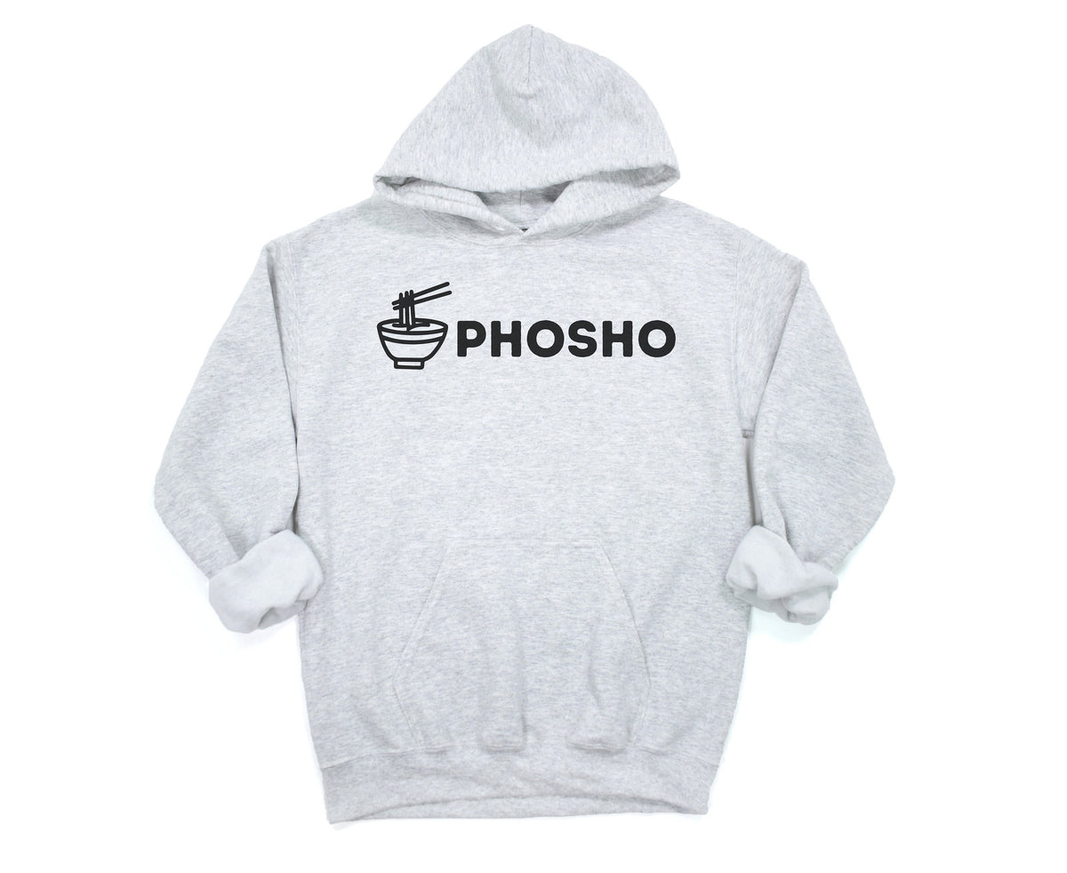 Pho Sho Hoodie in ash, front view on white, black bowl-and-chopsticks logo left of PHOSHO.