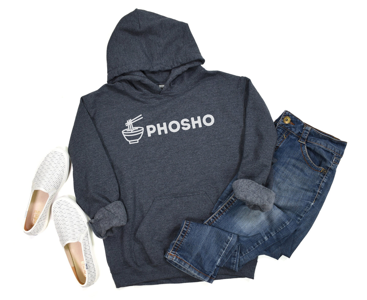 Pho Sho Hoodie in Dark Heather, flat-lay with white slip-ons left and blue jeans right.