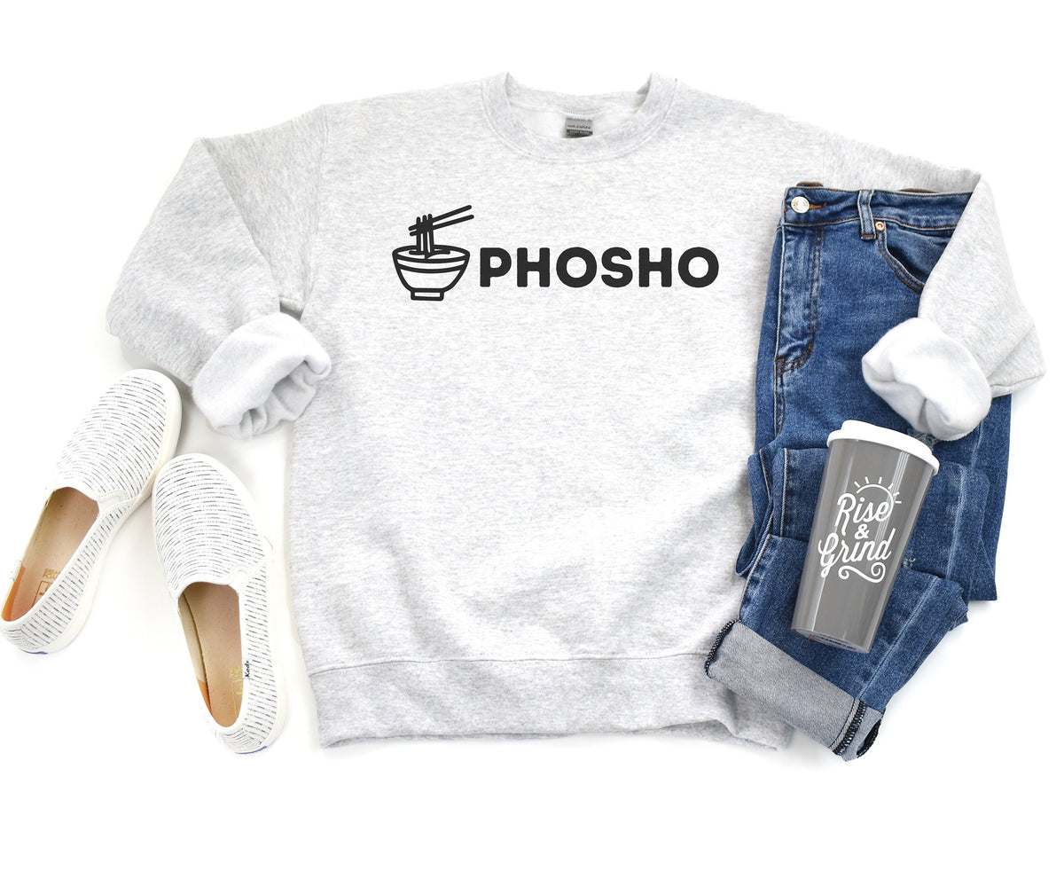 Pho Sho Sweatshirt in ash laid flat from above beside white sneakers, blue jeans and gray tumbler.