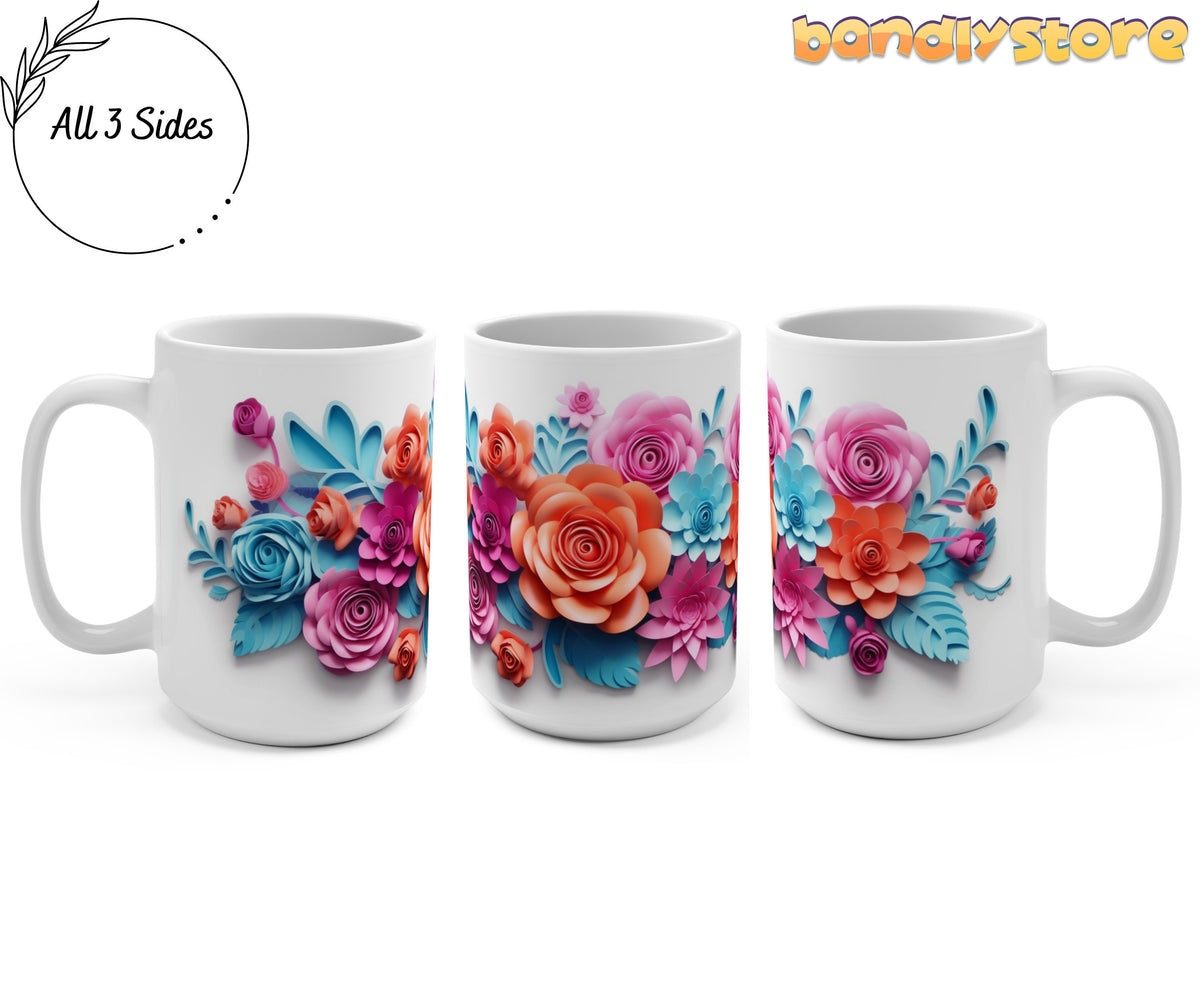 Pink and Blue Floral 3D Paper Art Mug shown in three angles on white, 15oz, floral wrap all sides.