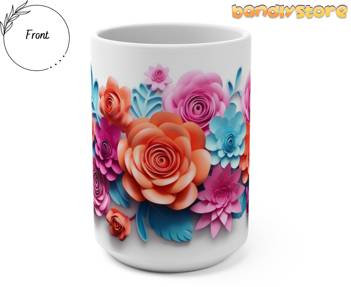 Pink and Blue Floral 3D Paper Art Mug shown front-facing on white background with Front label and bandlystore logo.