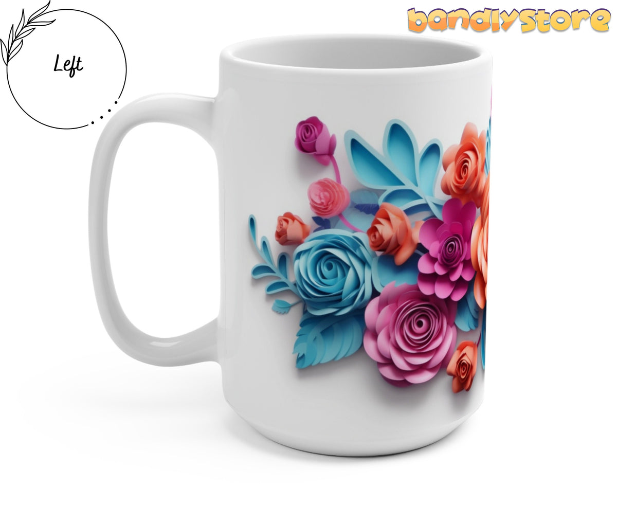 Pink and Blue Floral 3D Paper Art Mug angled on a plain white background with handle on the left.